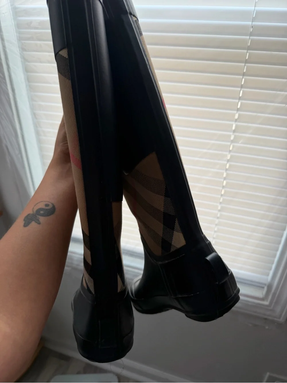 Burberry women’s Black & Beige Check Rain Boots